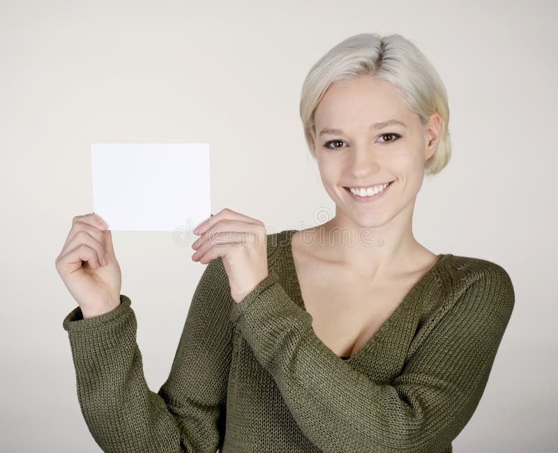 Woman with business card stock photo. Image of blonde 76483280