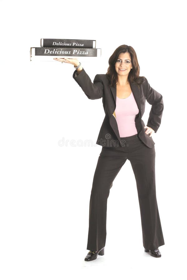 Woman in business suit holding pizzas