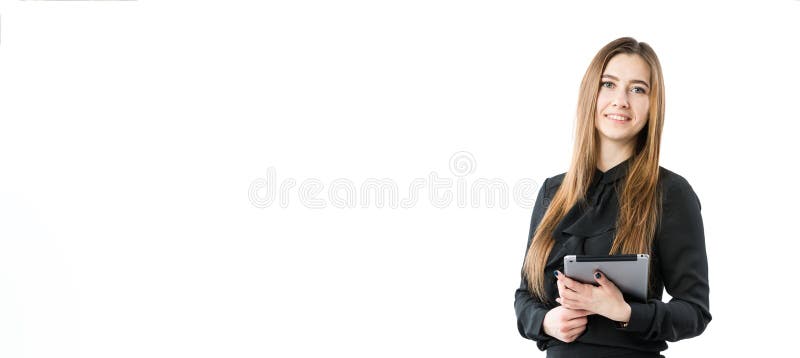 Woman business technology theme. Beautiful young caucasian woman in black shirt posing standing with tablet hands on white isolate