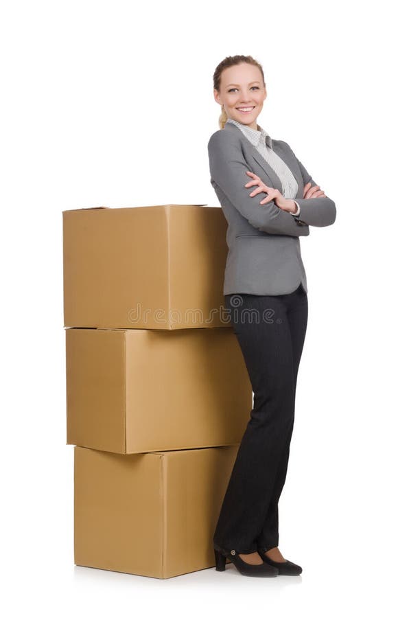 Woman businesswoman with boxes stock photos