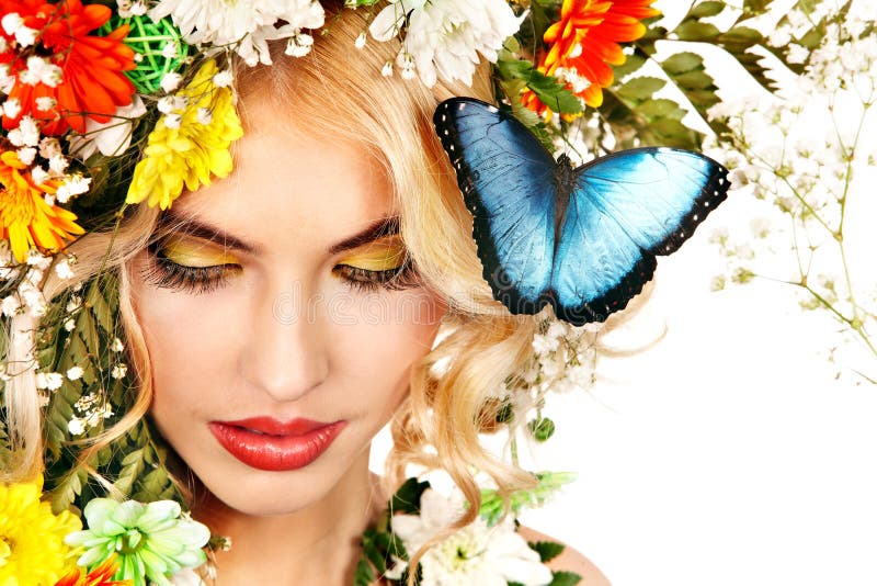 Woman With Butterfly And Flower. Stock Photo Image of healthy, blonde