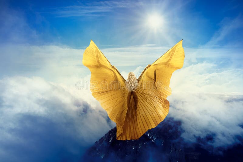 Woman Butterfly Wings Flying in Sky Clouds, Girl Standing on Mountain Peak, in Flight to Sun