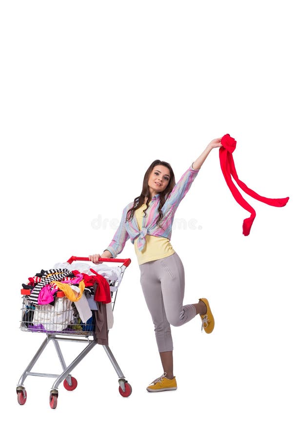 The woman after buying second hand clothing on white. Woman after buying second hand clothing on white stock image The woman after buying second hand clothing on white. Woman after buying second hand clothing on white stock image