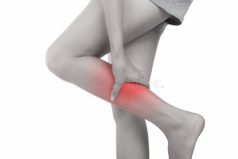 Woman with calf feeling pain on white background. stock images Woman with calf feeling pain on white background. stock images