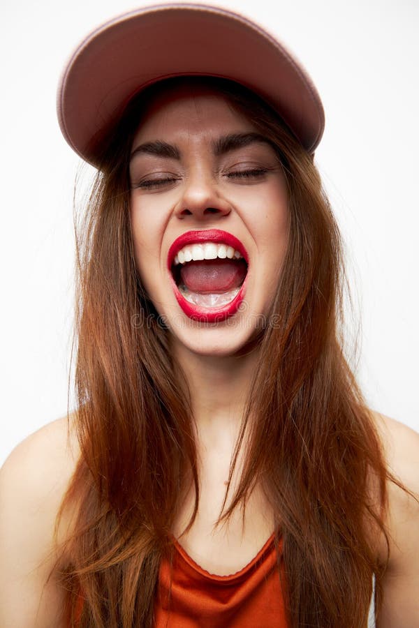 Woman in a Cap Closed Eyes Mouth Tongue Evening Makeup Stock Image - Image of makeup: