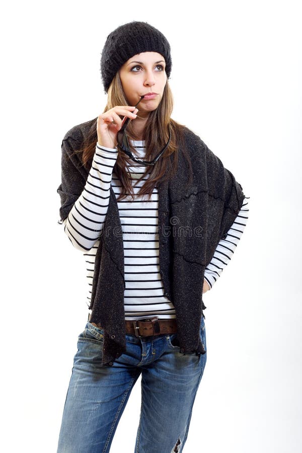 Woman in cap thinking stock image. Image of attractive 13093453