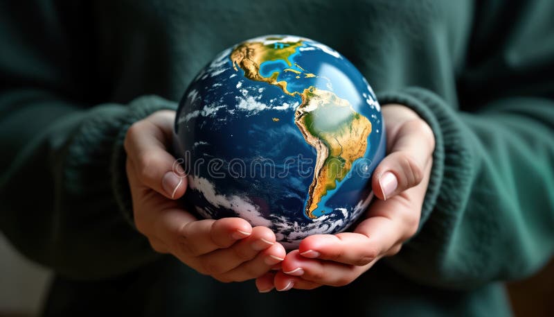 Woman carefully holds earth globe. Eco concept. Protecting planet. Humanity responsibility. Sustainable lifestyle. Global issues. vector illustration