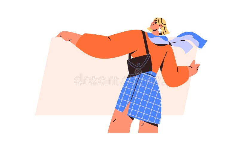 Femeie care poartă hârtie curată în spate. fata ține banner gol cu loc pentru text. persoană cu poster cu pancarte stock illustration