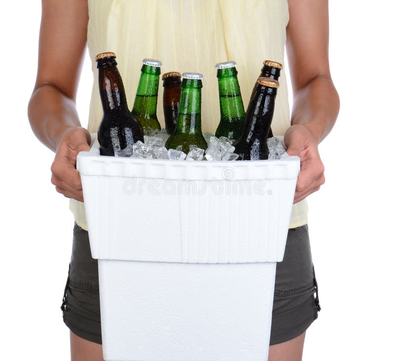 Woman Carrying Beer Cooler stock photo 