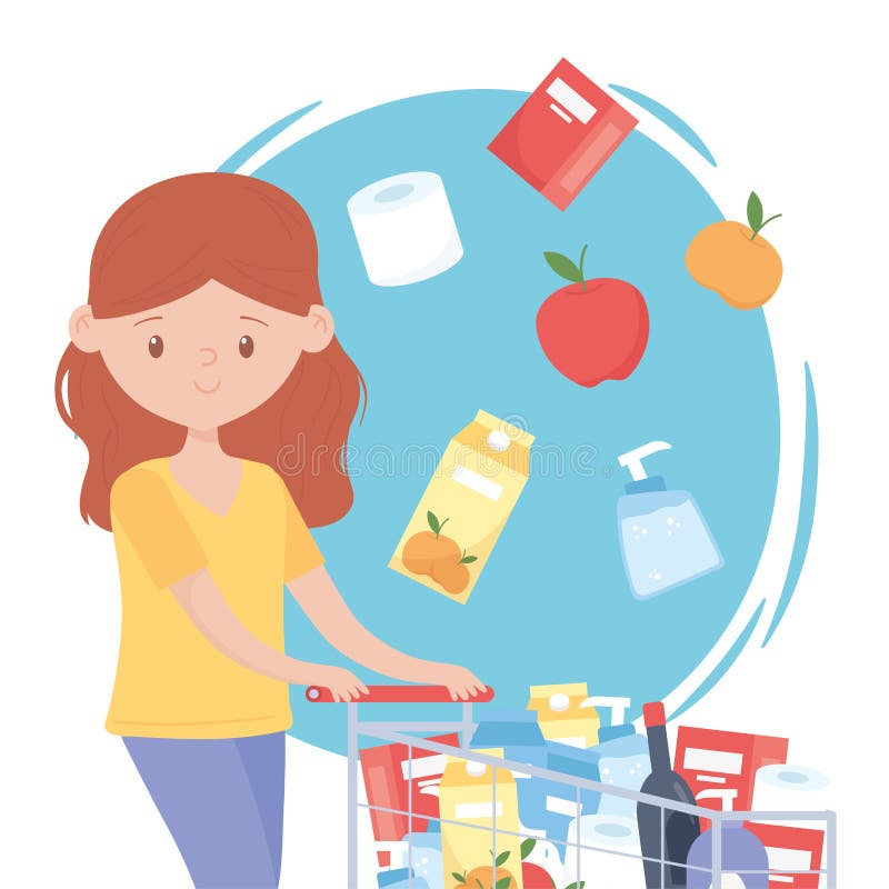 Woman Cartoon with Full Supermarket Cart Food Excess Purchase Stock