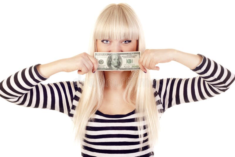 Woman with cash over her lips