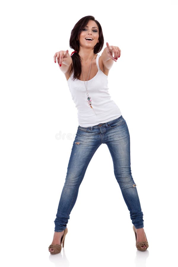 Woman in casual clothes, pointing at you