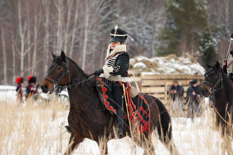 RUSSIA, APRELEVKA - FEBRUARY 7: Unidentified cavalry woman ride on horse on...