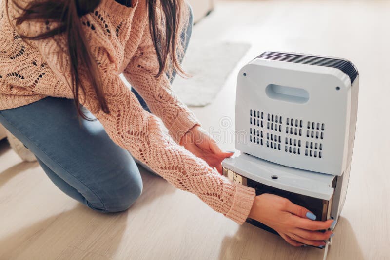 Woman changing water container of dehumidifier at home. Dampness in apartment. Modern air dryer royalty free stock photo Woman changing water container of dehumidifier at home. Dampness in apartment. Modern air dryer royalty free stock photo