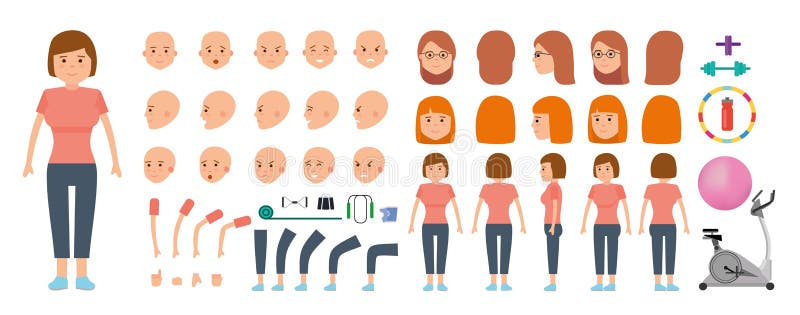 Woman character creation set. Sportswoman and sports equipment for fitness. vector illustration Woman character creation set. Sportswoman and sports equipment for fitness. vector illustration