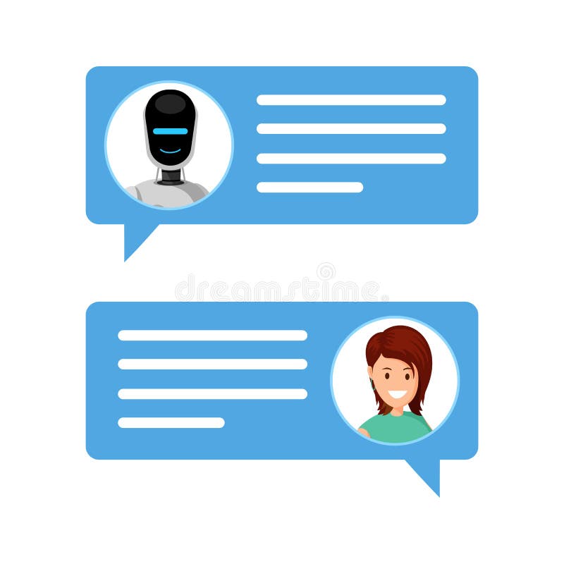 Woman chatting with robot vector illustration. Message boxes with user and chatbot avatars. Communication with vector illustration