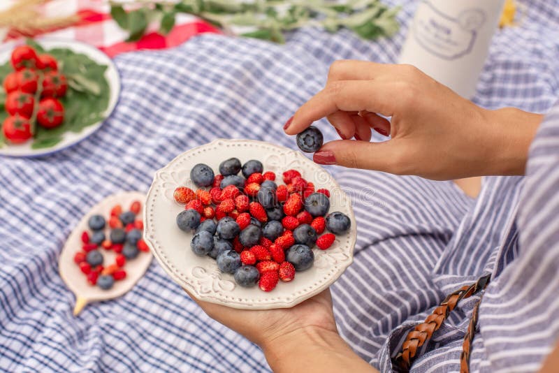 Woman in checkered stylish dress take berry from berries plate. Outdoor picnic