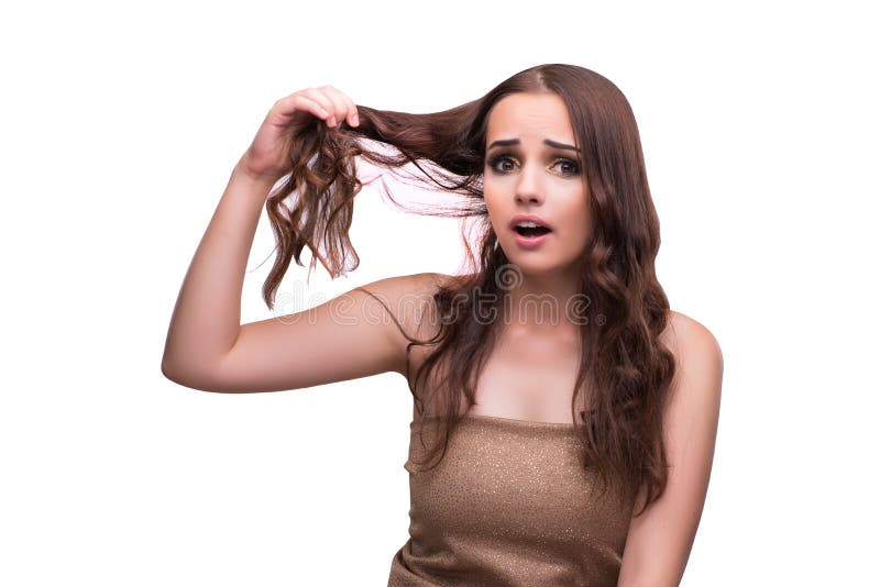 The woman checking her haircut isolated on white