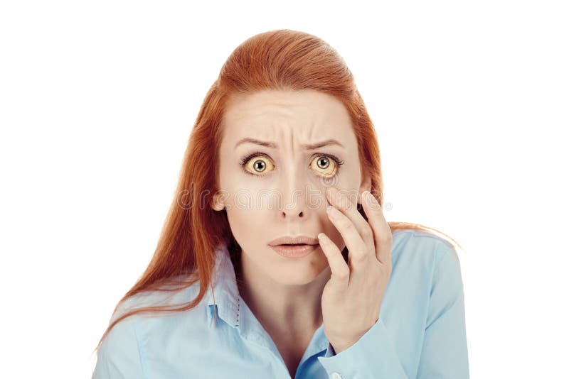 Woman checking her health condition looking into her eye stock photos Woman checking her health condition looking into her eye stock photos