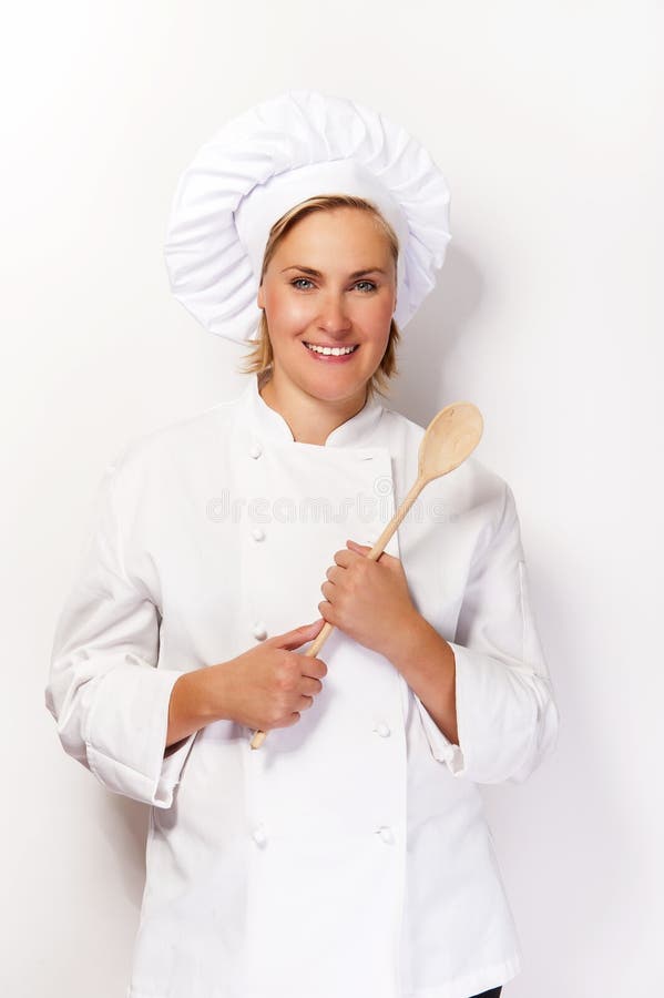 Woman Chef in Cook Outfit Holding Wooden Spoon and Smiling at Ca Stock ...