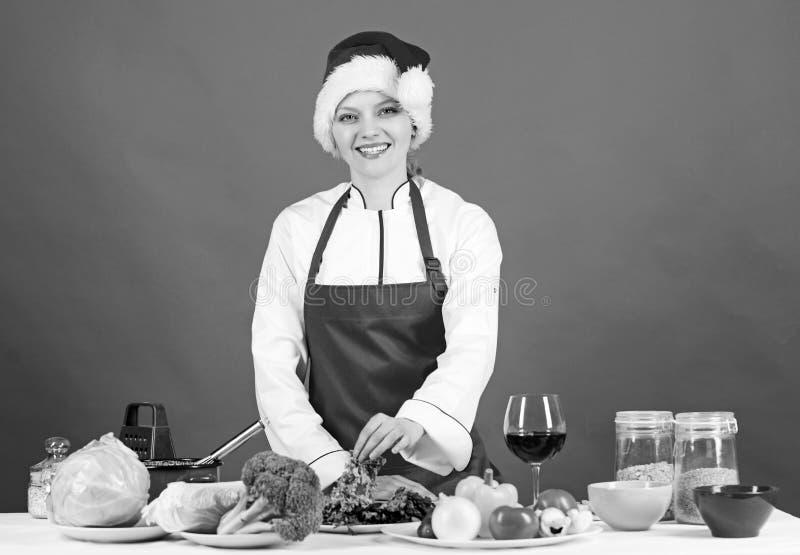 Woman Chef Cooking Christmas Dinner Wear Santa Hat. Festive Menu ...