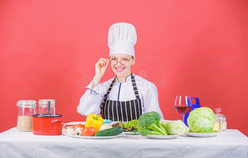 Woman Chef Cooking Healthy Food. Culinary School Concept. Female In Apron Knows Everything About Culinary Art. Culinary