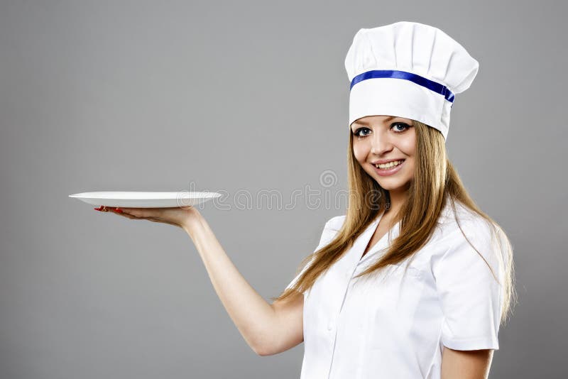 Woman Chef Hold a Plate and Presenting Stock Image - Image of ...