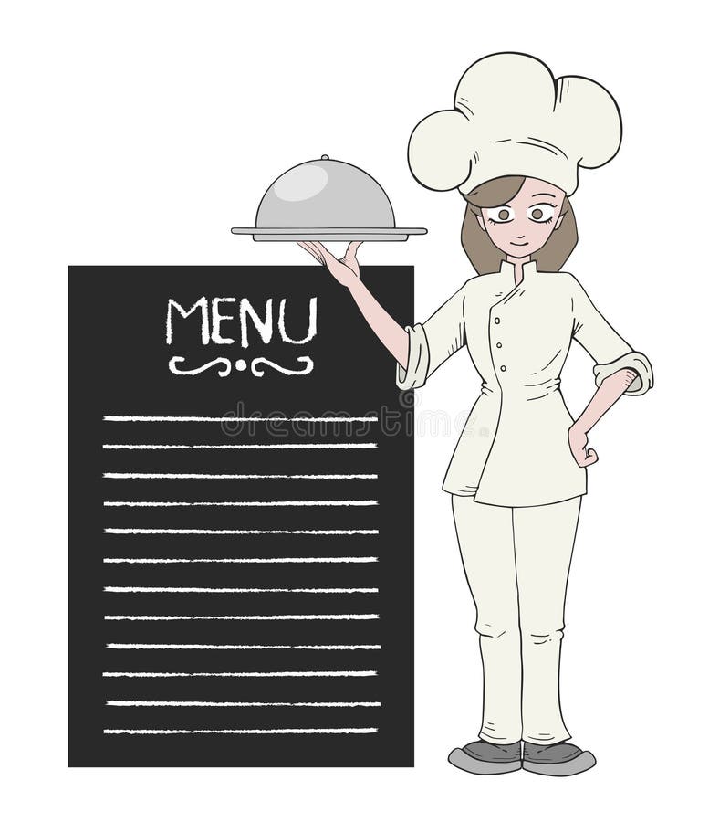 Woman chef and menu list draw stock illustration