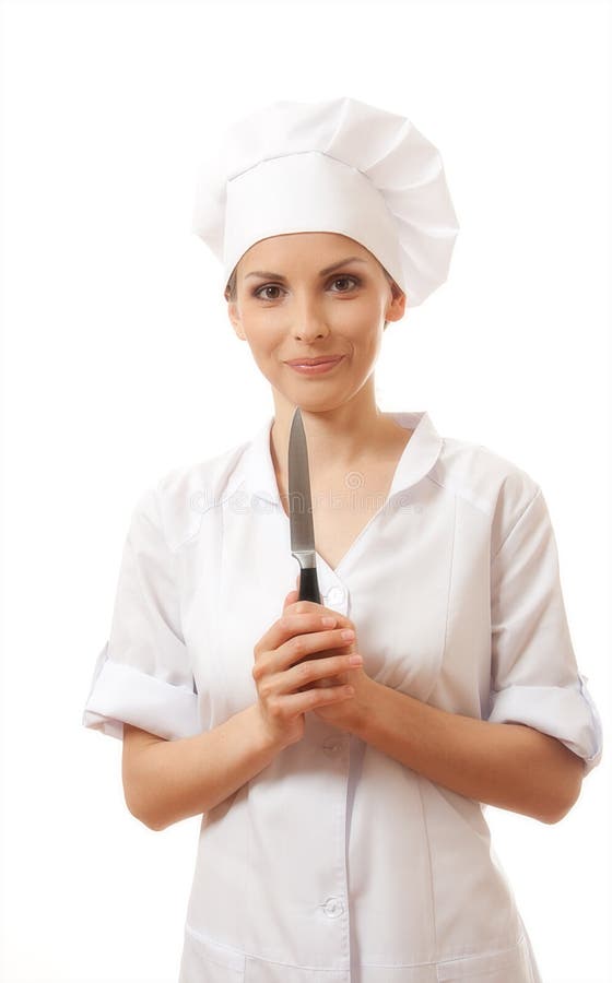 Woman Chef In Uniform Holding A Kitchen Knife Stock Photo - Image of ...