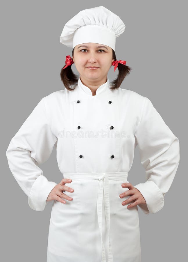 Woman chef in uniform stock photo. Image of grey, dish 30014926