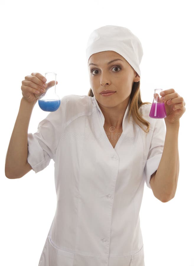 Woman Chemist and Chemicals in Flasks Stock Photo Image of people