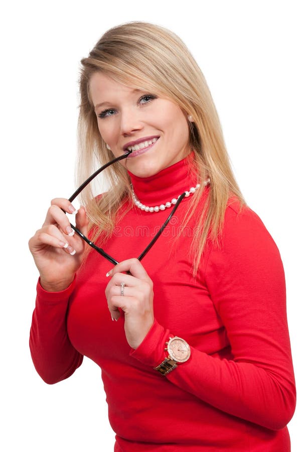 Woman chewing her glasses stock photo. Image of glasses 67631626