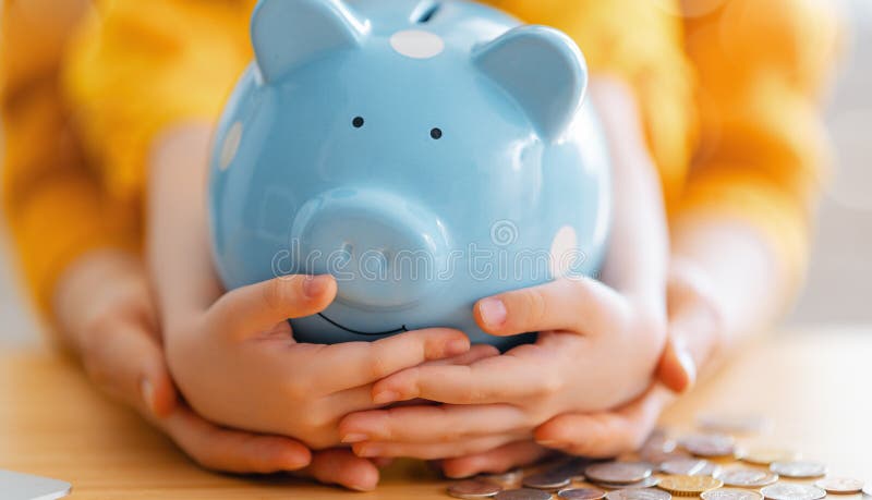Woman and child with a piggy bank. Concept of calculating expenses, managing the family budget