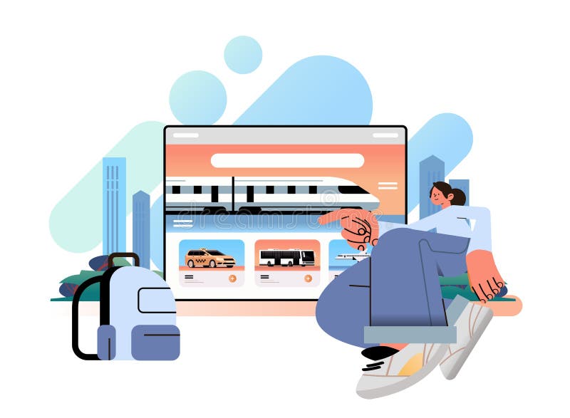 Woman choosing bus plane taxi or subway train transport on digital screen public passenger transportation services stock illustration