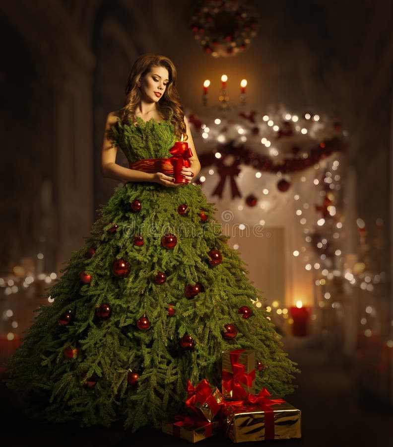 Woman Christmas Tree Dress, Fashion Model in Xmas Gown Costume