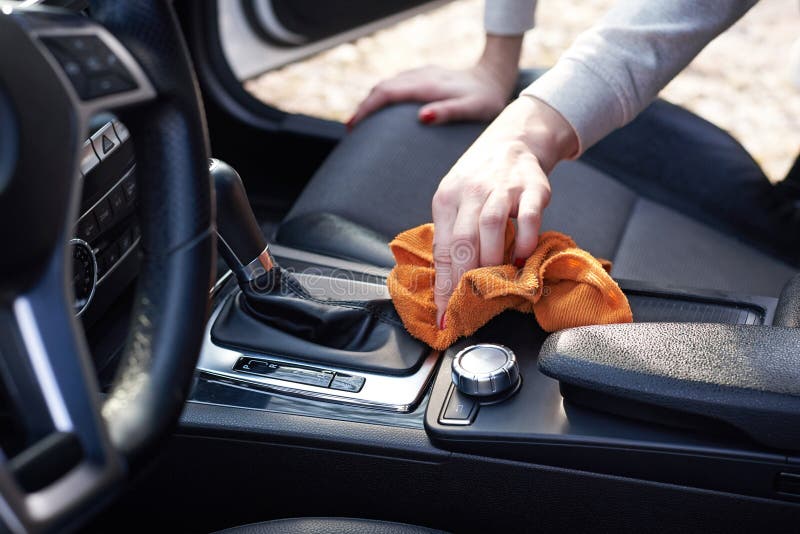 Woman Clean Car Interior with Microfiber, Close Up Stock Photo Image
