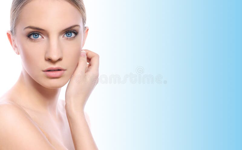 Woman with clean face over white background