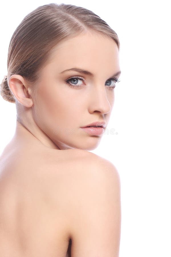 Woman with clean face over white background