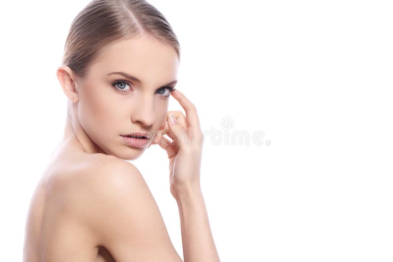 Woman with clean face over white background