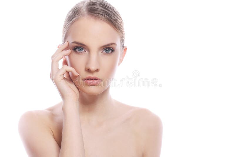 Woman with clean face over white background