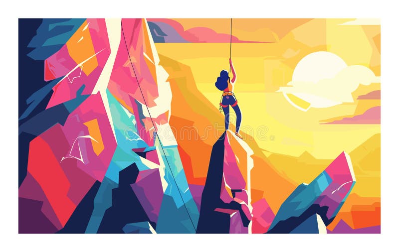 Woman climbs mountain sunset, adventure climbing, extreme sport concept. Female climber stock illustration