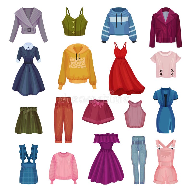 Woman Clothes with Jacket, Hoody, Dress, Skirt and Pants Big Vector Set ...