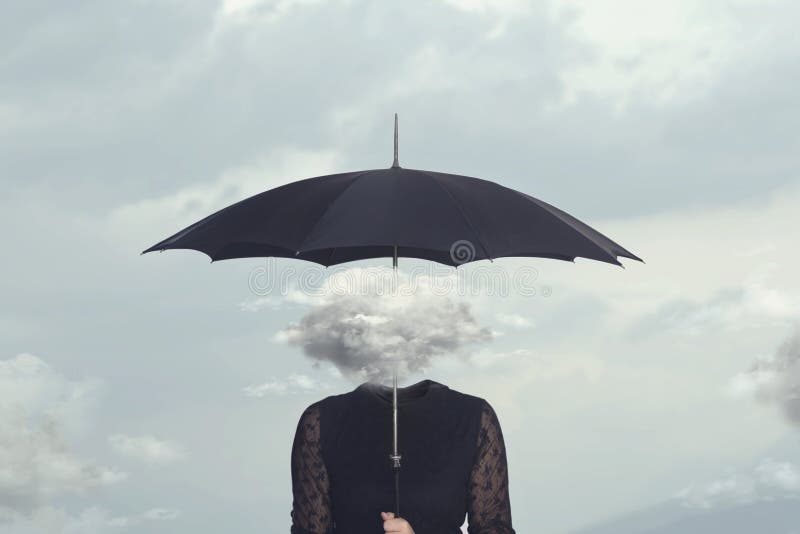 Woman with cloud head sheltering herself from the rain with umbrella