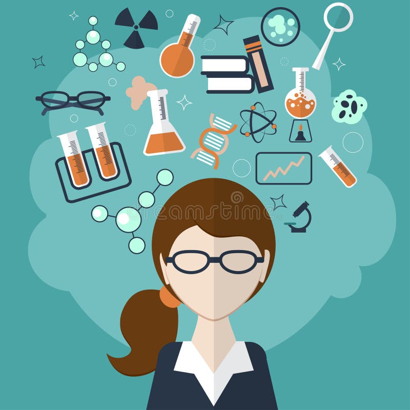 Woman with a cloud of thoughts about the test tube, formulas, materials and other objects on green background. Vector