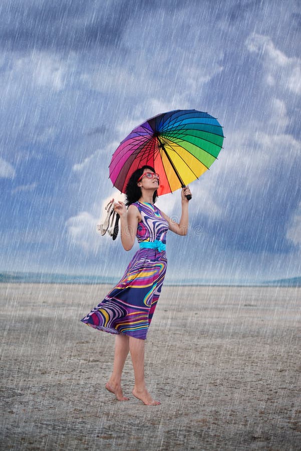 Woman with Colorful Umbrella Under the Rain Stock Photo Image of