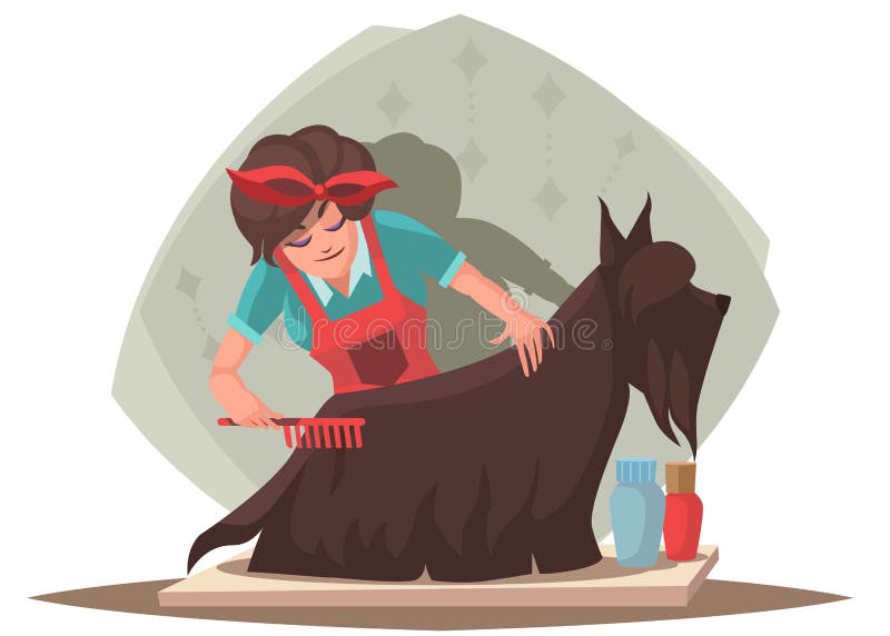 Woman combing dog vector illustration