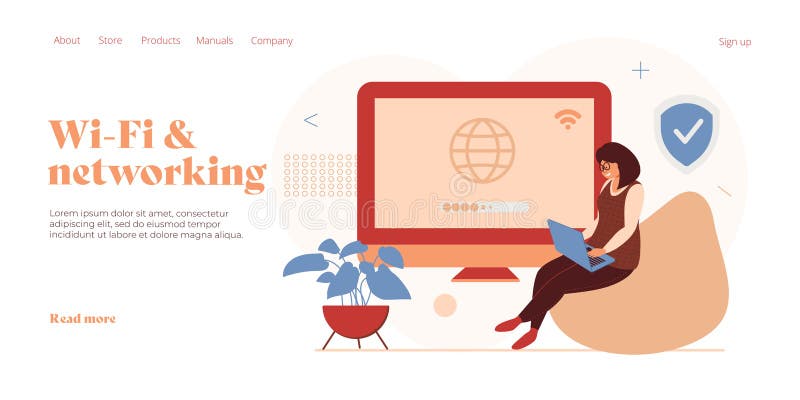 Woman connects to mobile wi-fi network in laptop. Public wireless server internet in concept in flat vector design. Web banner stock illustration