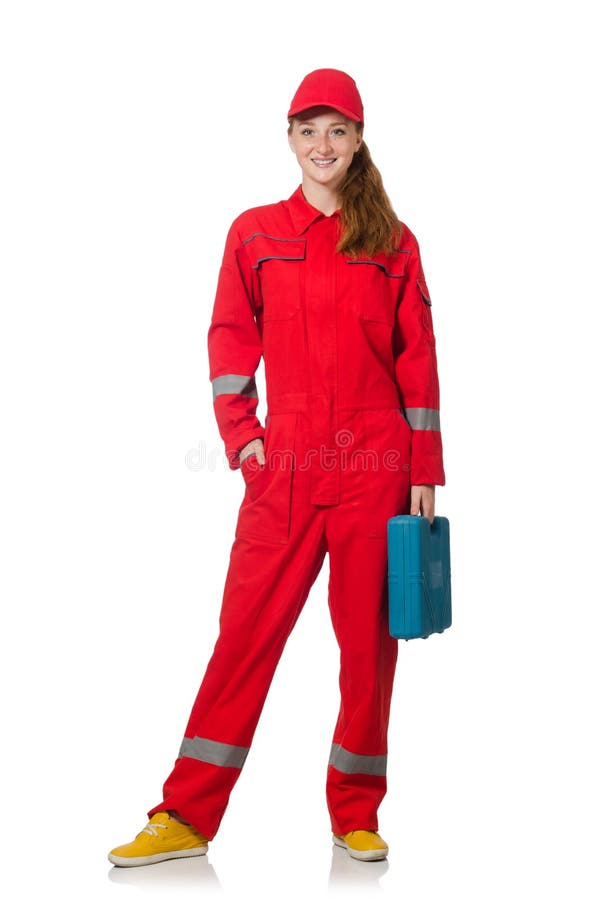 Woman construction worker in red coveralls