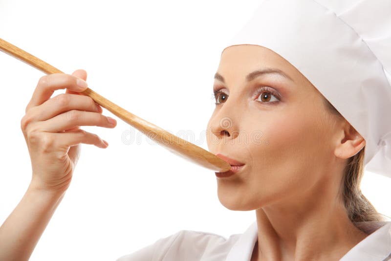 Woman Cook Eating With Spoon, Isolated On White Stock Photos Image