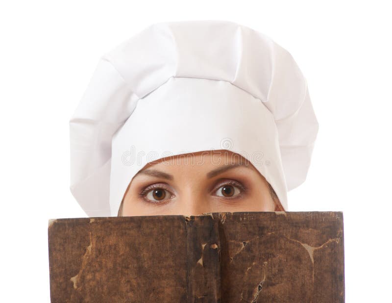 Woman cook reading recipes book stock photos Woman cook reading recipes book stock photos